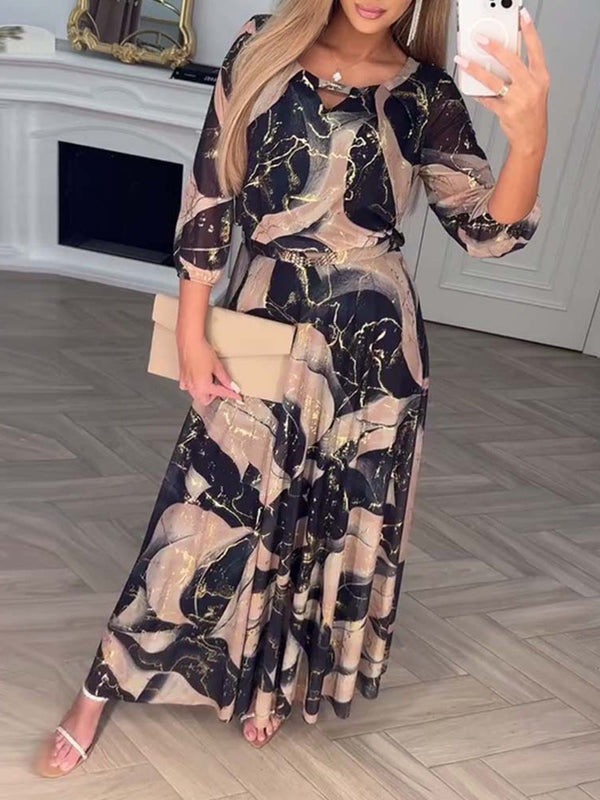 Elegant 3/4 Sleeve Print Maxi Dress