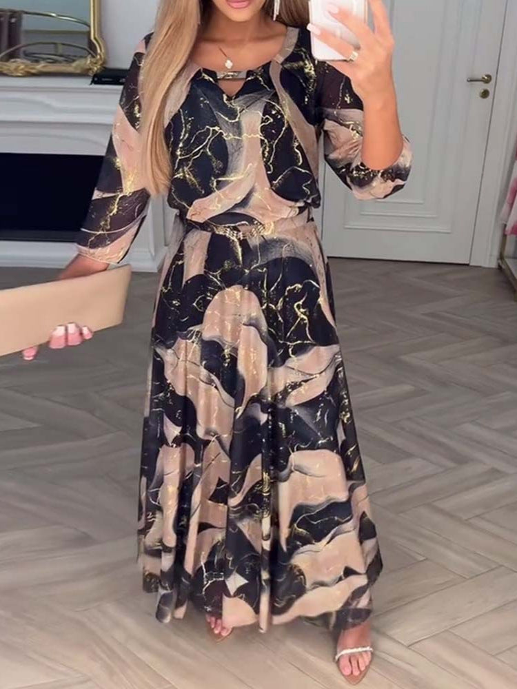 Elegant 3/4 Sleeve Print Maxi Dress