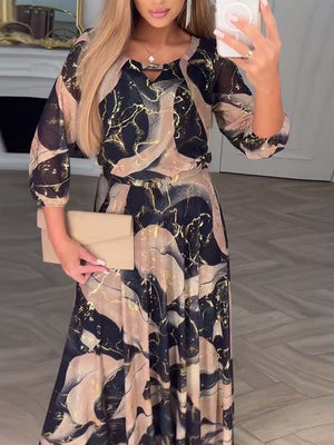 Elegant 3/4 Sleeve Print Maxi Dress