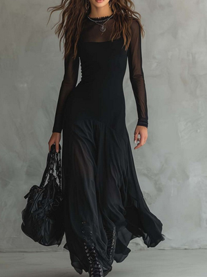 Elegant Black Mesh Panel Maxi Dress