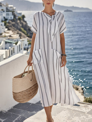 Elegant Bow-Detail Striped Pattern Maxi Dress