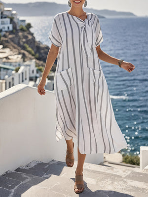 Elegant Bow-Detail Striped Pattern Maxi Dress