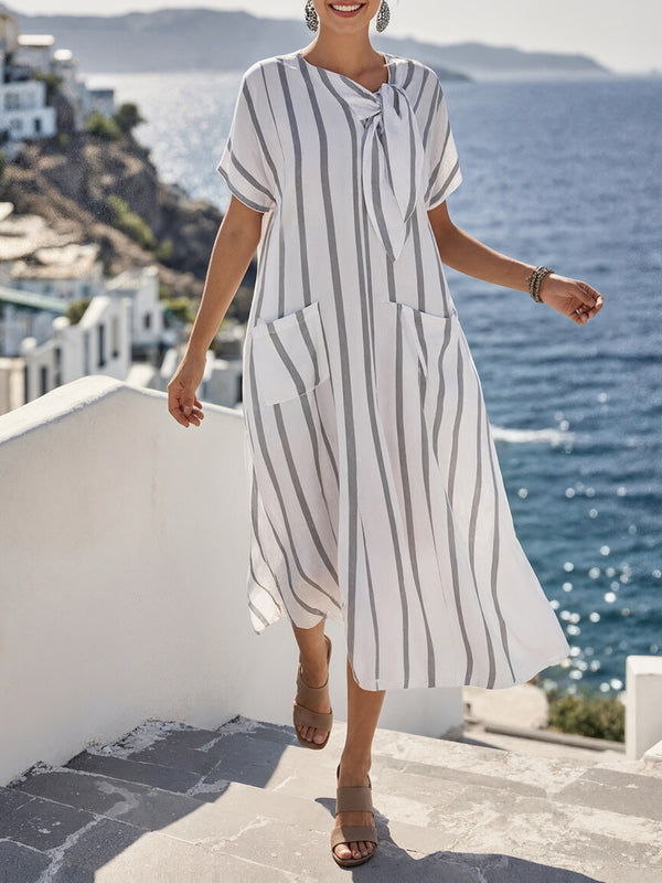 Elegant Bow-Detail Striped Pattern Maxi Dress