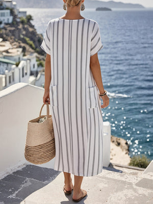 Elegant Bow-Detail Striped Pattern Maxi Dress
