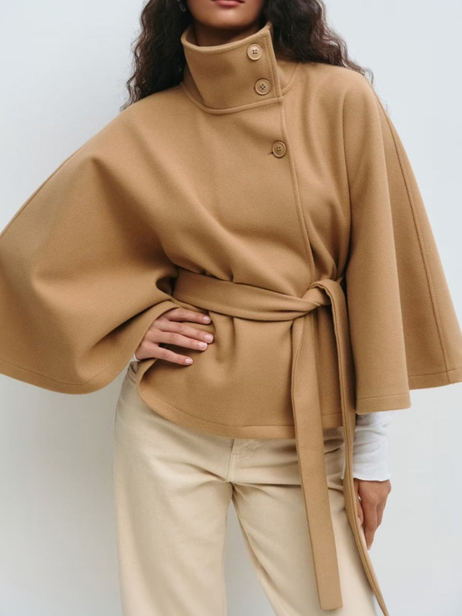 Elegant Cape-Style Waist-Tie Trench Coat