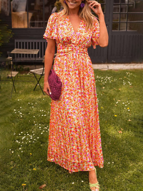 Elegant Floral-Print Cinched-Waist V-Neck Dress