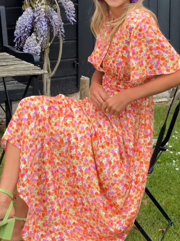 Elegant Floral-Print Cinched-Waist V-Neck Dress