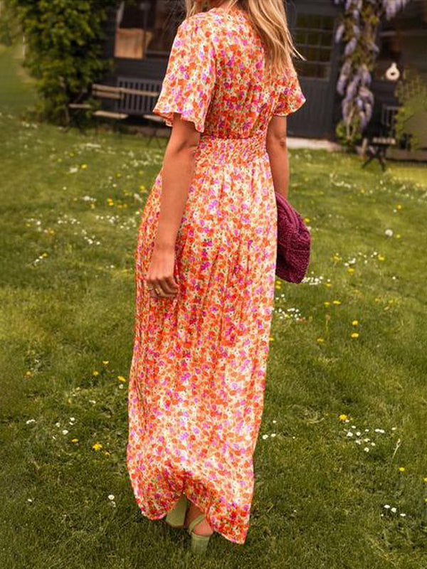 Elegant Floral-Print Cinched-Waist V-Neck Dress