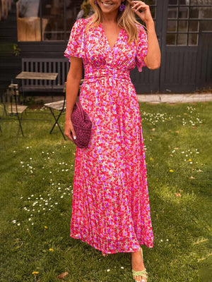 Elegant Floral-Print Cinched-Waist V-Neck Dress
