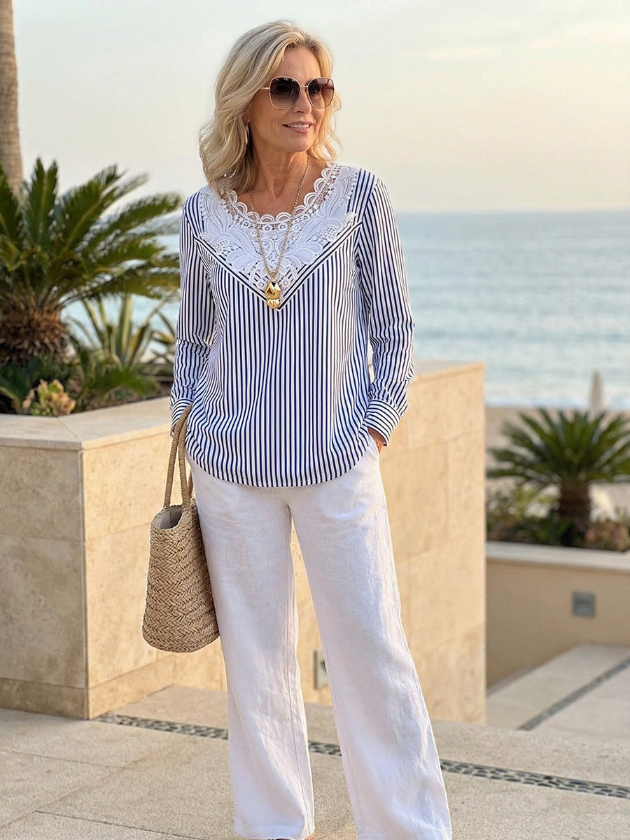 Elegant Lace Collar Striped Print Top