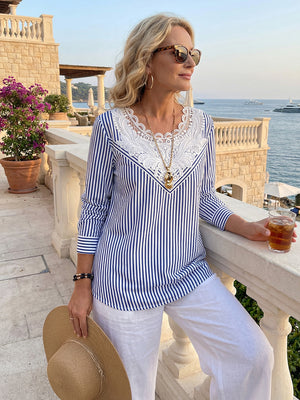 Elegant Lace Collar Striped Print Top