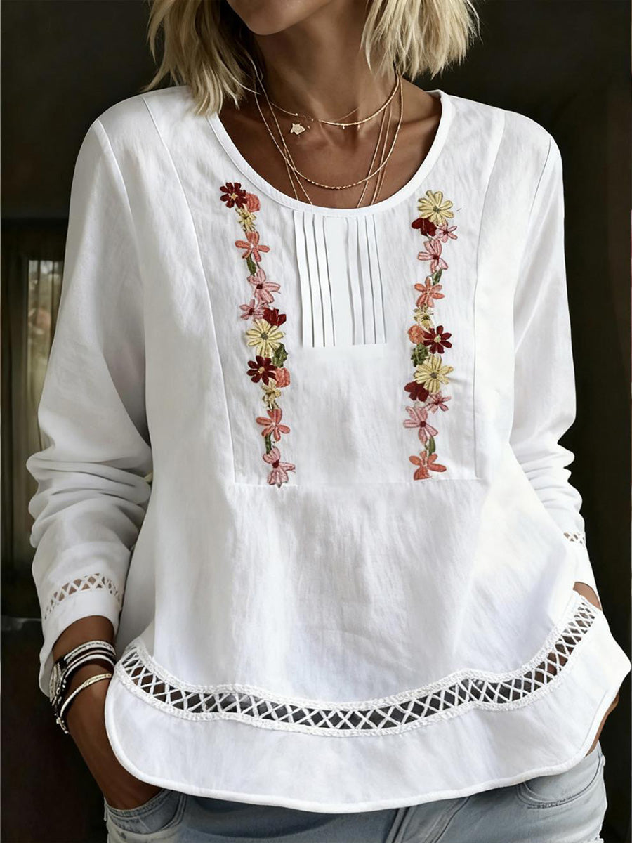 Elegant Long-Sleeve Floral-Trimmed Patchwork Top