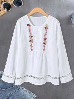 Elegant Long-Sleeve Floral-Trimmed Patchwork Top