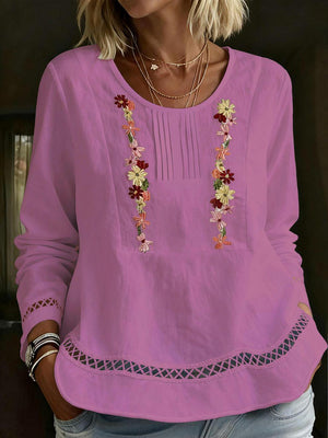 Elegant Long-Sleeve Floral-Trimmed Patchwork Top