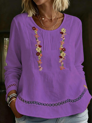 Elegant Long-Sleeve Floral-Trimmed Patchwork Top