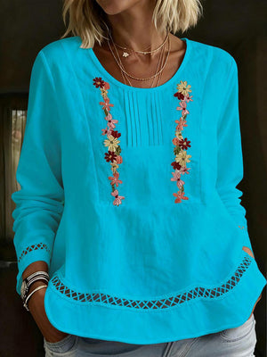 Elegant Long-Sleeve Floral-Trimmed Patchwork Top