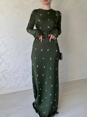 Elegant Long-Sleeve Floral Dress with Ruffles & Belt