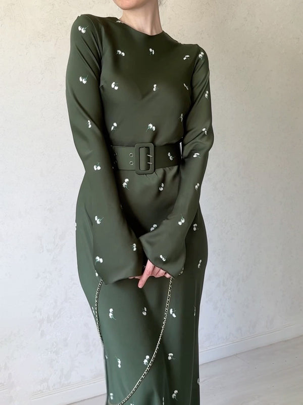 Elegant Long-Sleeve Floral Dress with Ruffles & Belt