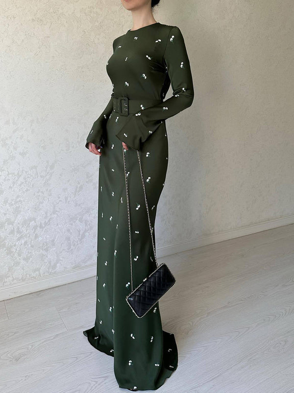 Elegant Long-Sleeve Floral Dress with Ruffles & Belt