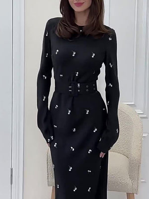 Elegant Long-Sleeve Floral Dress with Ruffles & Belt