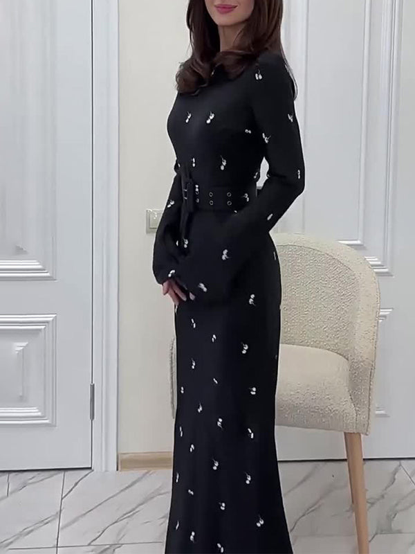 Elegant Long-Sleeve Floral Dress with Ruffles & Belt