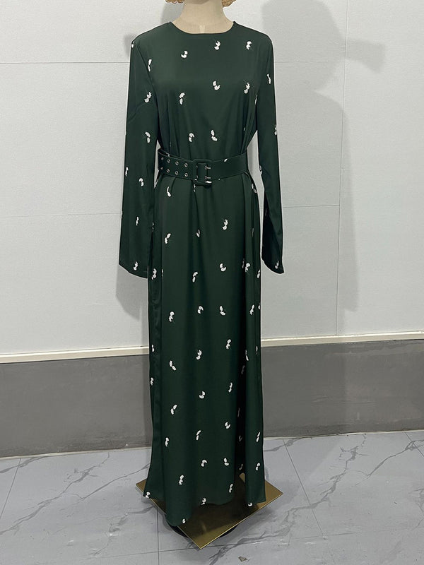 Elegant Long-Sleeve Floral Dress with Ruffles & Belt