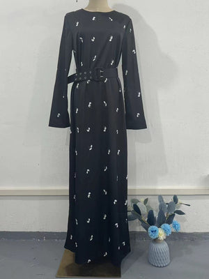 Elegant Long-Sleeve Floral Dress with Ruffles & Belt