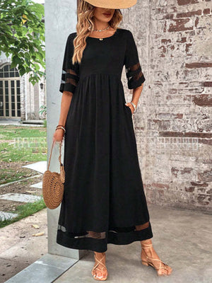 Elegant Mesh-Trim Pocket Maxi Dress