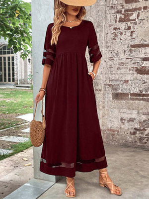 Elegant Mesh-Trim Pocket Maxi Dress