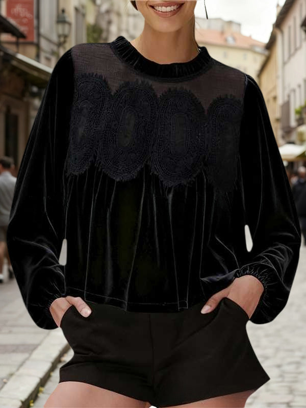 Elegant Patchwork Velvet & Lace Top