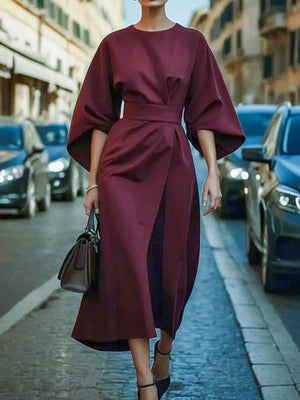 Elegant Ruched Waist-Defining Solid Color Dress