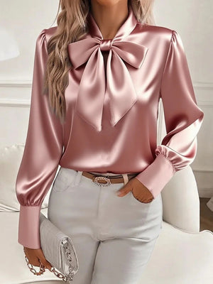Elegant Satin Bow-Tie Blouse