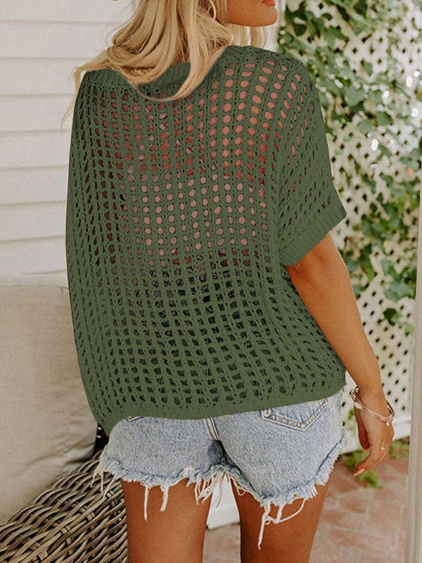 Elegant Short Sleeve Openwork Knit Top