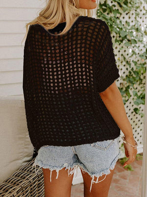 Elegant Short Sleeve Openwork Knit Top