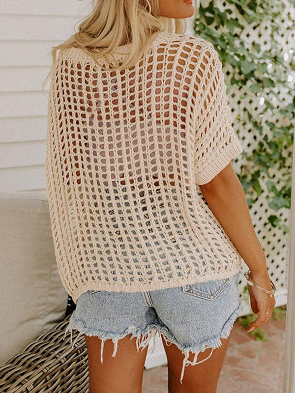 Elegant Short Sleeve Openwork Knit Top