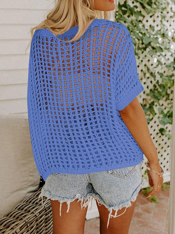 Elegant Short Sleeve Openwork Knit Top