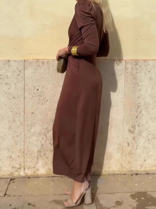 Elegant V-Neck Long-Sleeve Maxi Dress