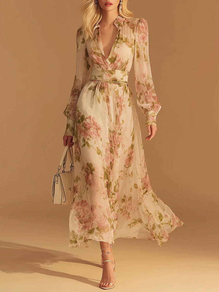 Elegant V-Neck Long-Sleeve Mesh Print Dress