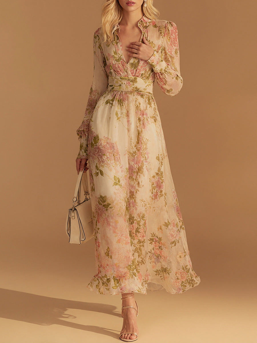 Elegant V-Neck Long-Sleeve Mesh Print Dress