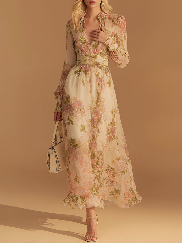 Elegant V-Neck Long-Sleeve Mesh Print Dress