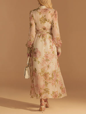 Elegant V-Neck Long-Sleeve Mesh Print Dress