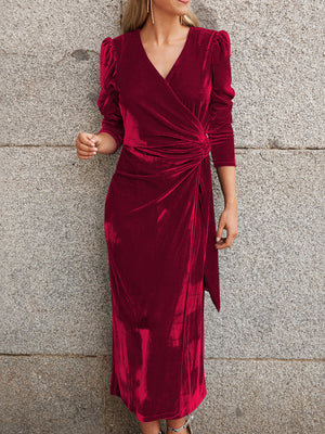 Elegant V-Neck Velvet Tie-Waist Dress