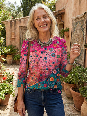 Exotic-Style Long-Sleeve Printed Top