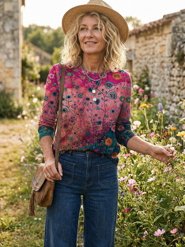 Exotic-Style Long-Sleeve Printed Top