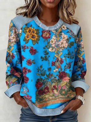 Eye-Catching Print Denim Patchwork Sweatshirt