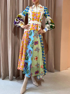 Eye-Catching Printed Long Sleeve Maxi Dress & With Belt