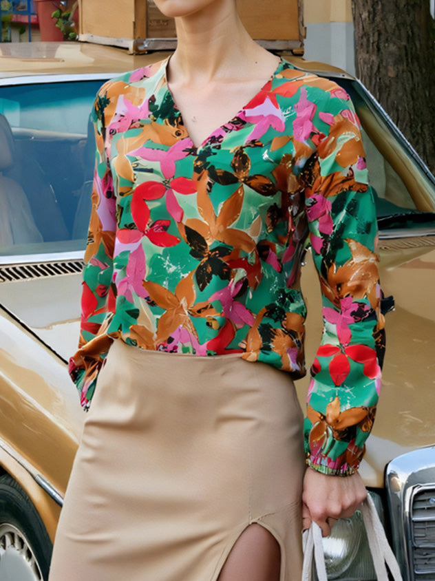 Fashion Print V-Neck Long-Sleeve Top