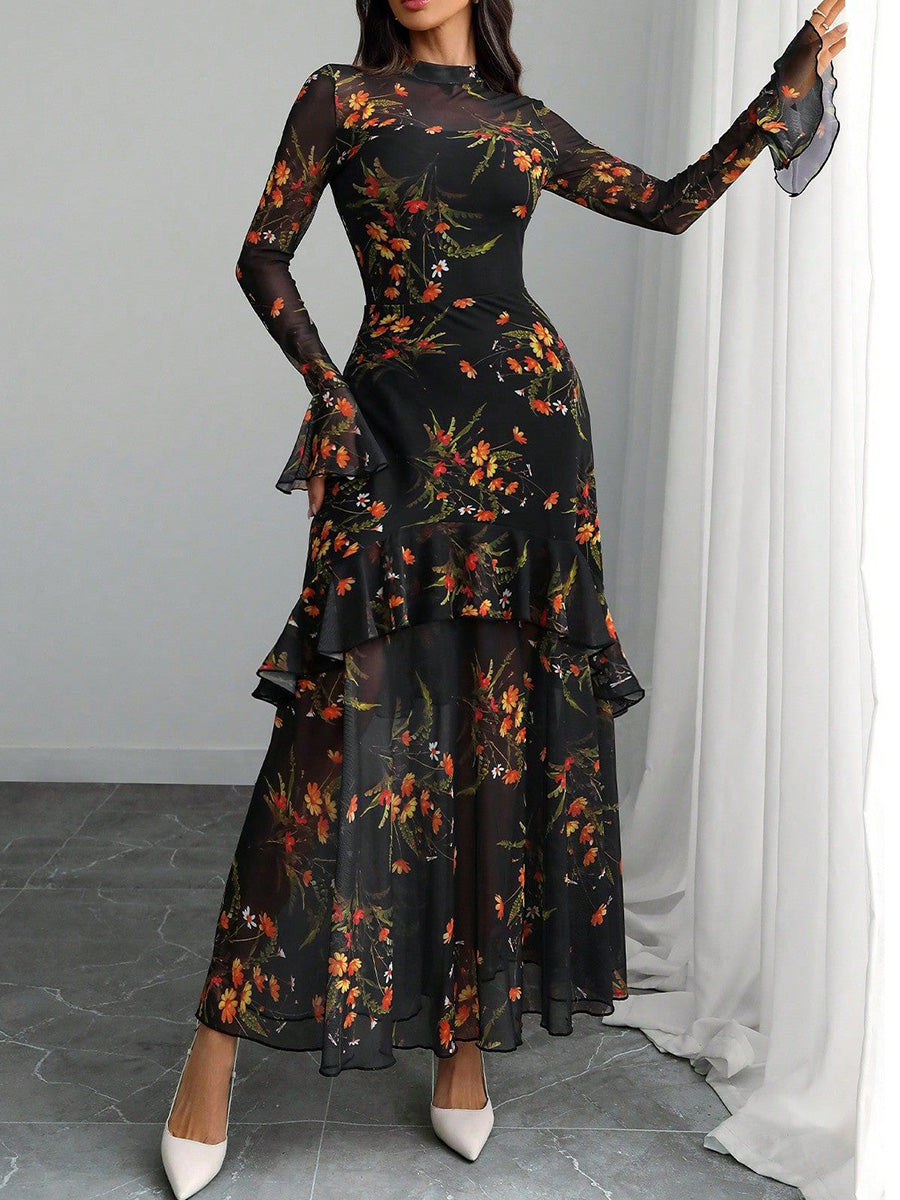 Festive Floral Bell-Sleeve Long Dress