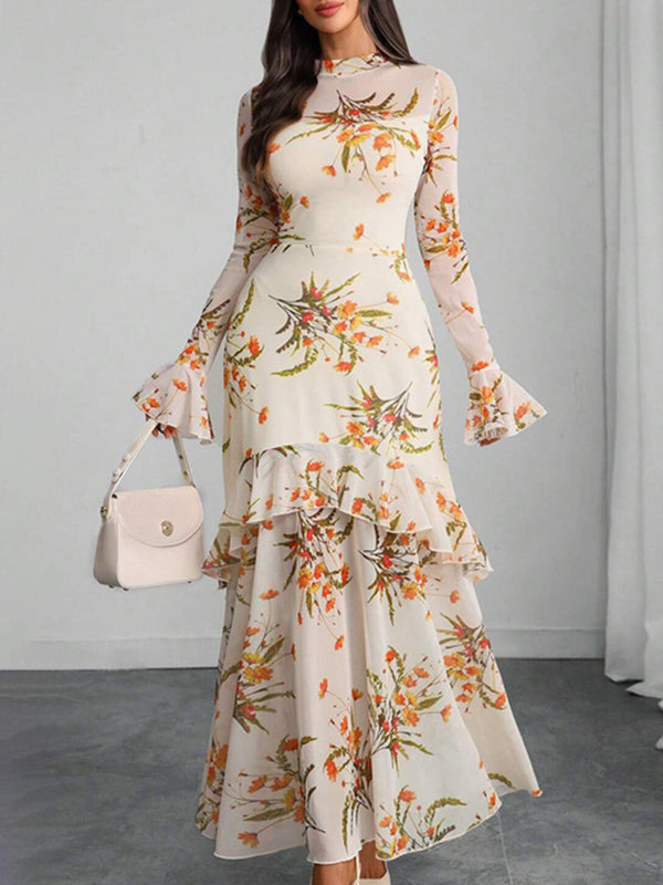 Festive Floral Bell-Sleeve Long Dress