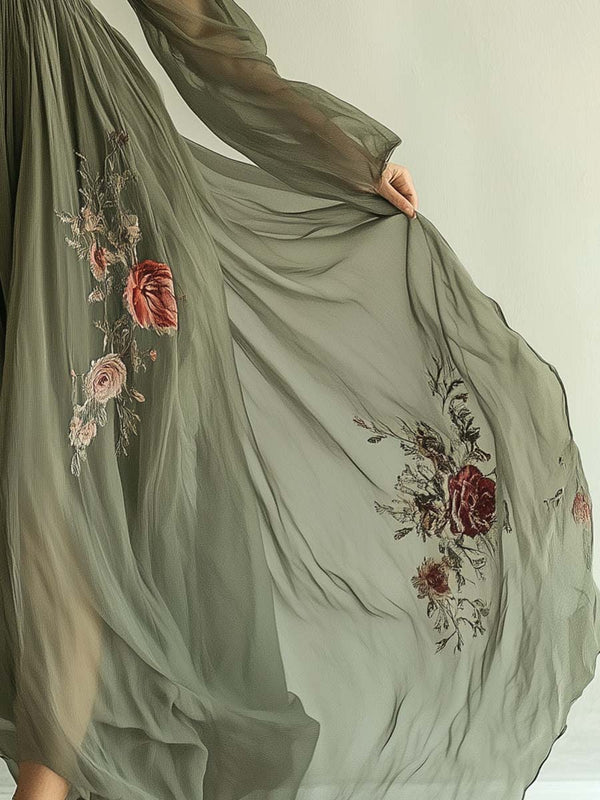 Green Flowy V-Neck Floral Long Dress